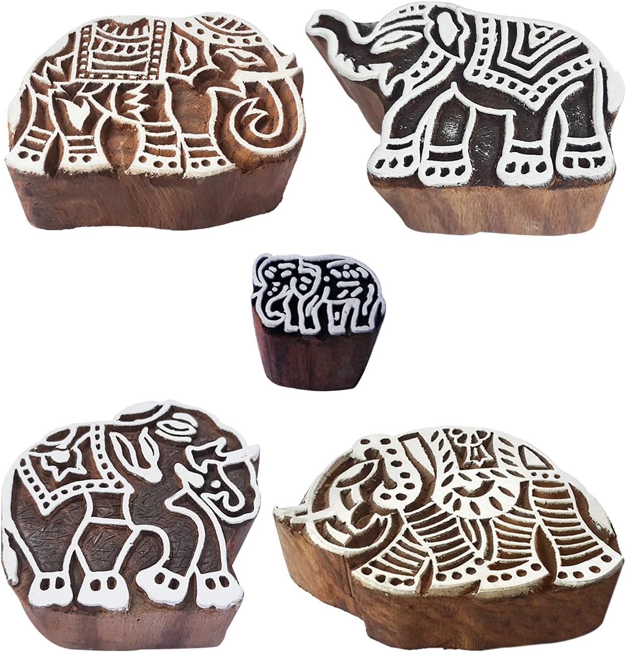 Royal Kraft Elephant Wooden Printing Stamps (Set of 5) - DIY Henna Fabric Textile Paper Clay Pottery Blocks Htag2201