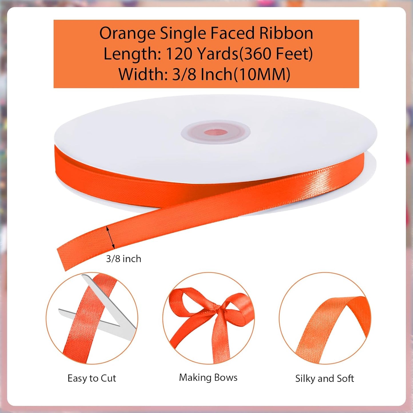 Orange Ribbon 3/8 Inch 120 Yards Thin Ribbons Halloween Satin Ribbon for Fall Decor Hair Bows Sewing DIY Crafts Balloon String Gift Wrapping
