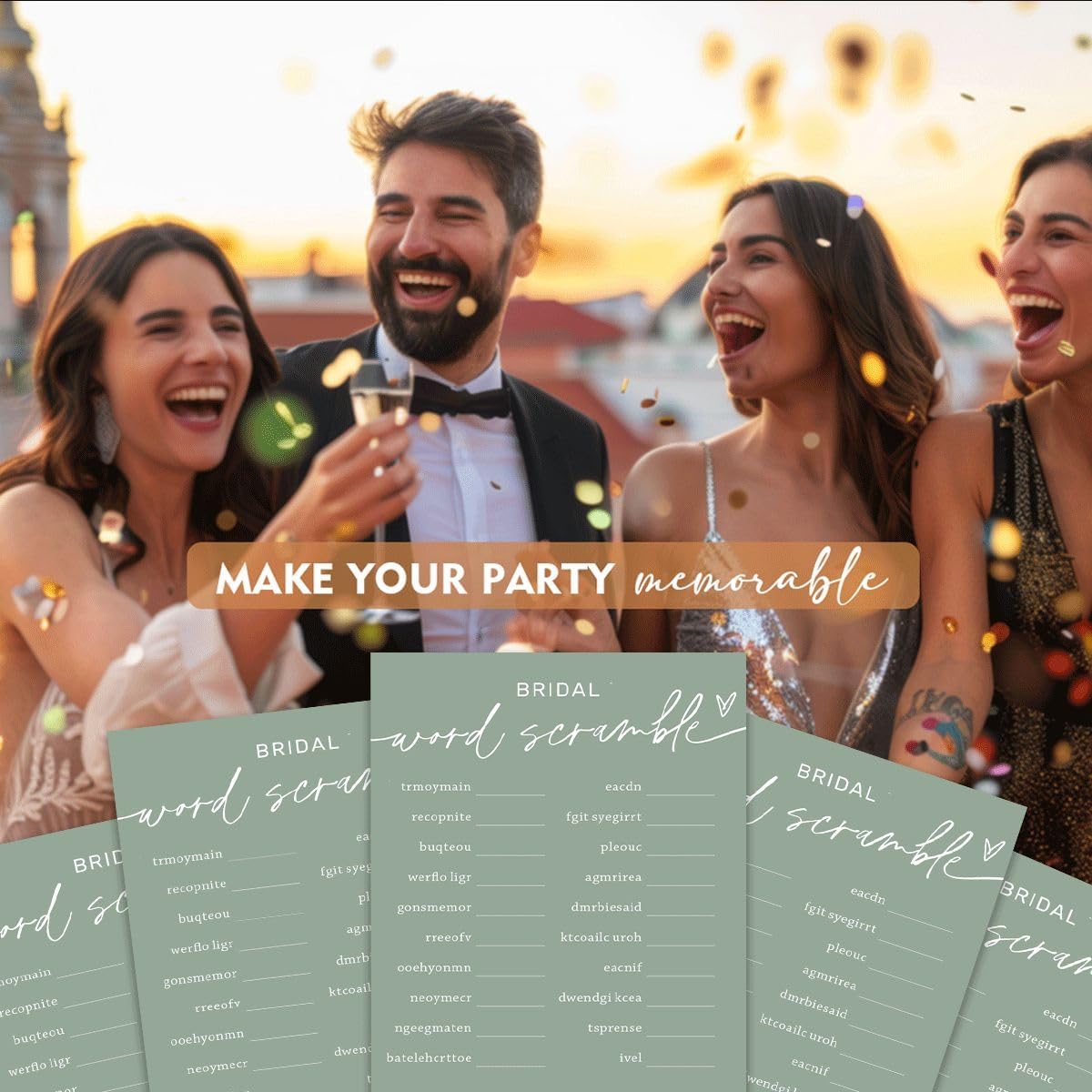 Bridal Shower Games Cards, Bridal Word Scramble, 25 Game Cards with 1 Answer Card, Engagement Party Wedding Games for Guests, Minimalist Green Wedding Party Supplies - C14