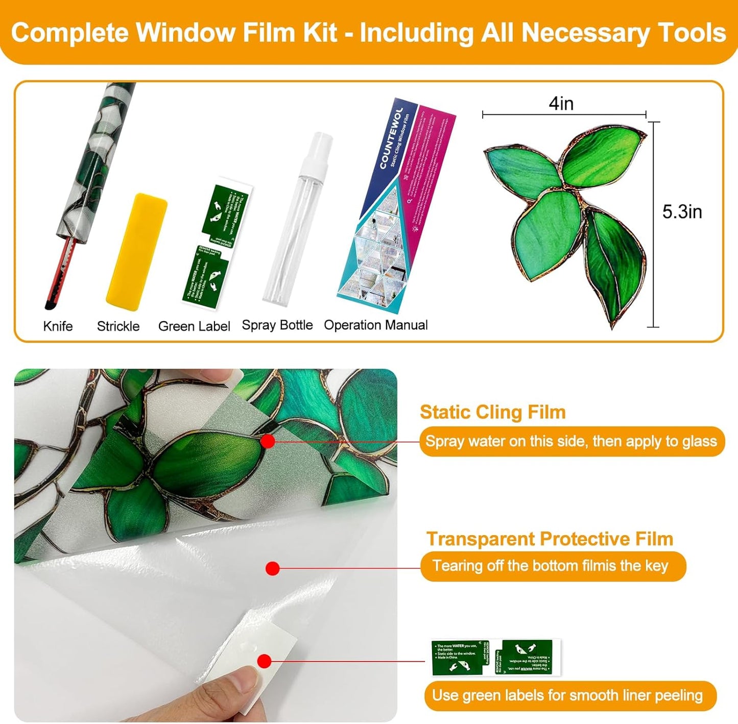 Window Privacy Film Stain Glass Window Film Rainbow Window Film Window clings Non-Adhesive Reusable Decorative for Room (Frosted Greenery Leaf, 35.4 x 78.7 in)