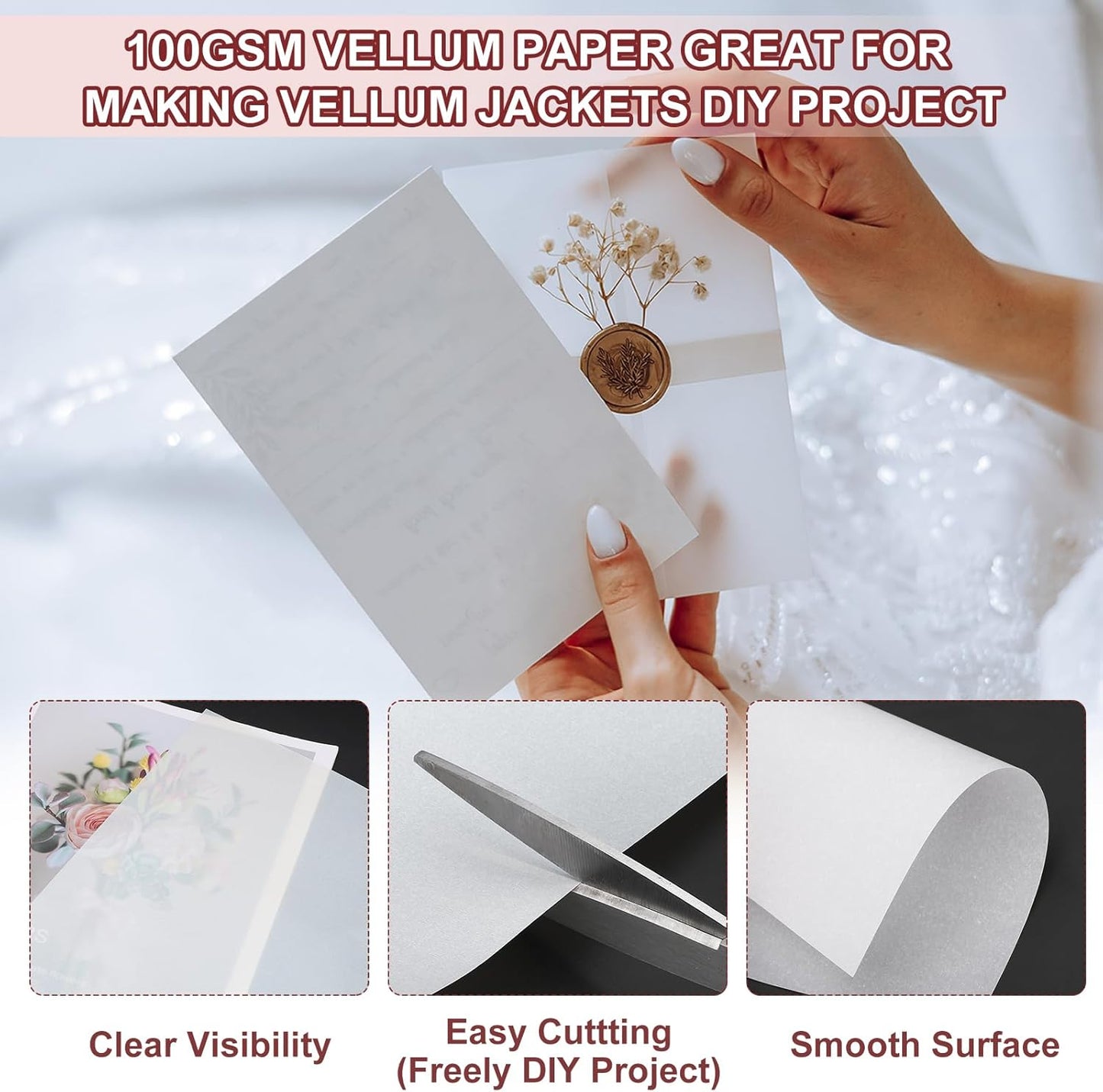 PATIKIL 60 Sheets Vellum Paper 4.25x5.5, Vellum Paper Printable Translucent Paper 100GSM Colored for Invitations Laser Inkjet Printing Card Making Crafting Wedding Tracing, Silver Tone