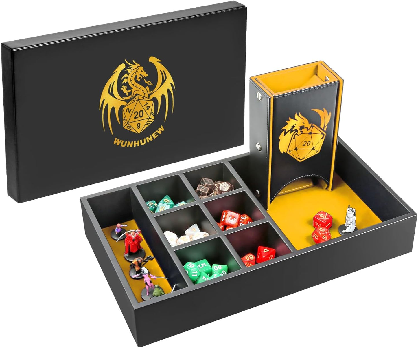 DND Dice Tray & Tower Storage Box, 4 in 1 D&D Dice Holder Case (Dice Rolling Tray, Dice Roller Tower, Dice & Miniature Storage), Great RPG Accessories Gifts for Dungeons and Dragons MTG DM & Player