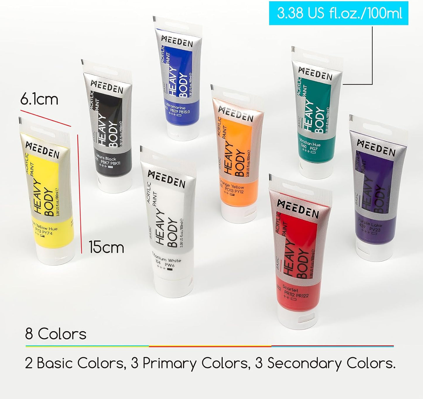 MEEDEN Heavy Body Acrylic Paints: Satin Finish Acrylic Paint for Halloween Pumpkin Painting - 100ml/3.38oz 8 Primary Colors Thick Basic Art Paint Tubes for Pumpkin Decoration