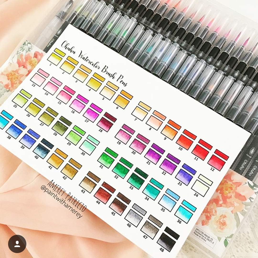 Professional Watercolor Brush Markers Pen 48 Colors of Ohuhu, Water Based Drawing Marker Brushes W/A Blending Aqua Pen, Water Soluble for Adult Coloring Books Comic Calligraphy