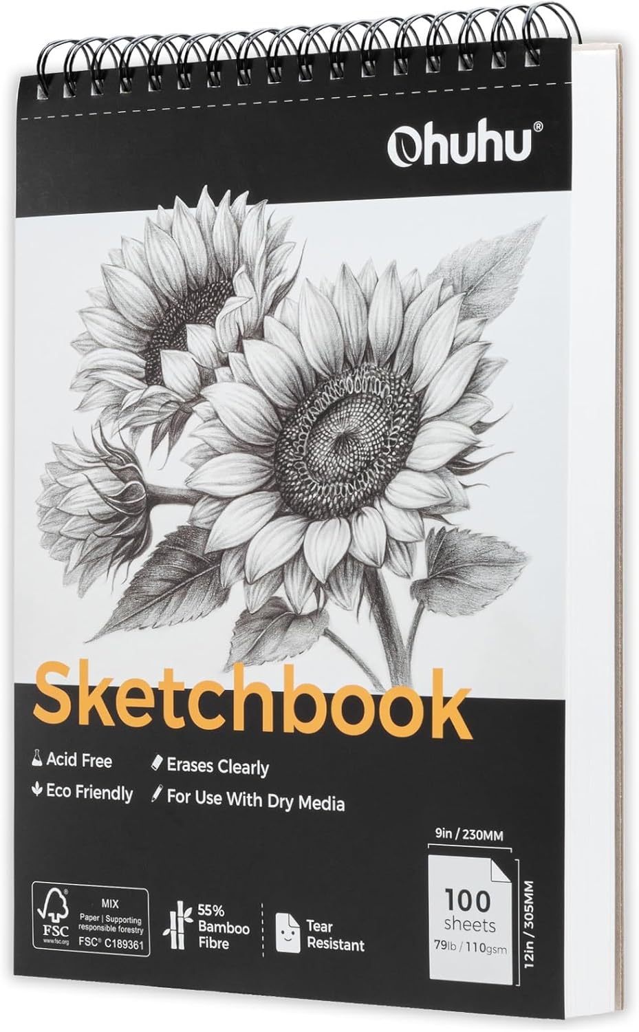 Ohuhu 9x12 Tear-Resistant Sketch Book - Bamboo Fiber Drawing Sketchbook - Top Spiral-Bound Sketch Pad - 100 Sheets Sketching Book - 79 lb/110 gsm - Acid-Free Art Drawing Painting Paper for Artists