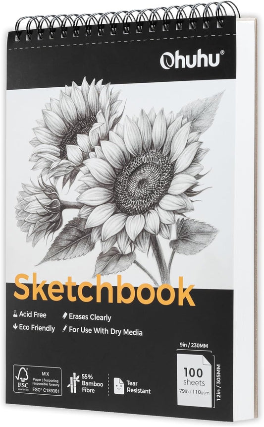 Ohuhu 9x12 Tear-Resistant Sketch Book - Bamboo Fiber Drawing Sketchbook - Top Spiral-Bound Sketch Pad - 100 Sheets Sketching Book - 79 lb/110 gsm - Acid-Free Art Drawing Painting Paper for Artists