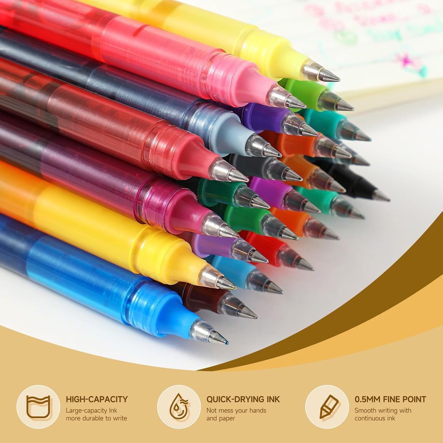 RIANCY Fine Point Colored Pens 24 Colors 0.5mm Gel Ballpoint Pens Assorted Colors Liquid Ink Pens No Smear Vibrant Colorful Writing for Journaling Note Taking Doodling Coloring Office School Supplies
