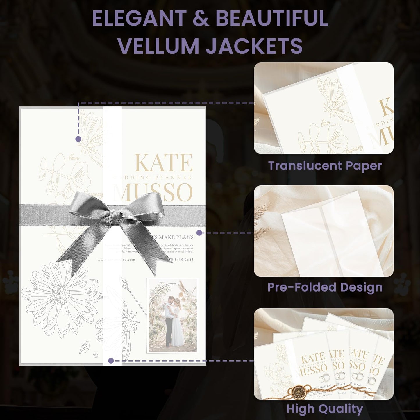 SuFly Pre-Folded Vellum Jackets for 5x7 Invitations, 90-Pack (60lb/93gsm) Translucent Vellum Paper 5x7 Sleeves, Invitation Jackets, Elegant Wedding Invitation Accessories, Envelope Liners, DIY Crafts.