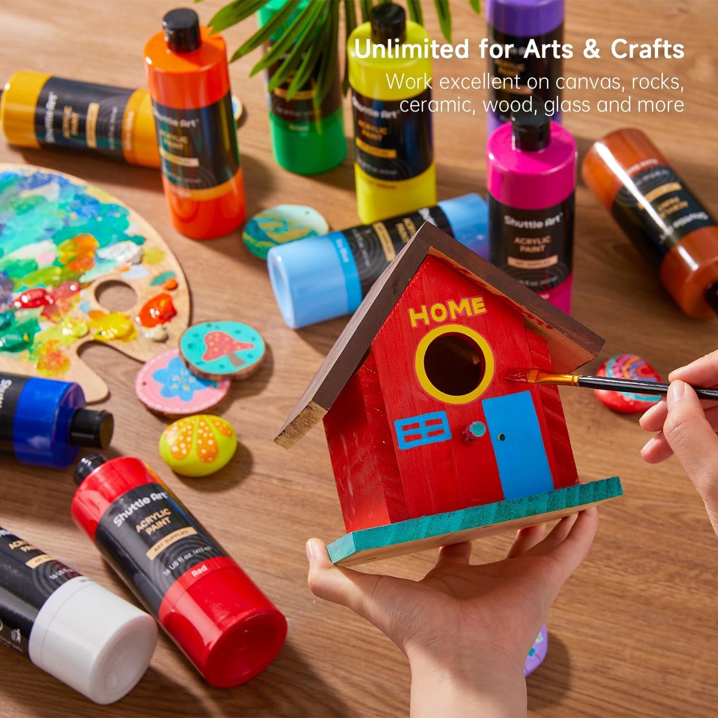 Shuttle Art Acrylic Paint, 15 Colors Acrylic Paint Large Bottle Set, 473ml/16oz Each, Rich Pigments, High Viscosity, Bulk for Artists, Beginners and Kids on Rocks Crafts Canvas Wood