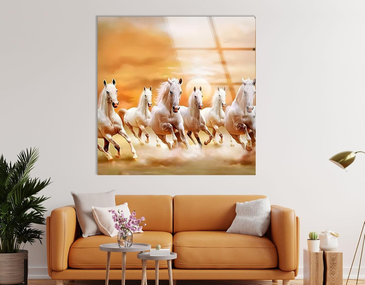 My Photostation.com 35.5Wx30H'' White Horses Running on Sunset Glass Wall ArtTempered Glass Printing Wall Decor Large Wall Art Wall Hangings