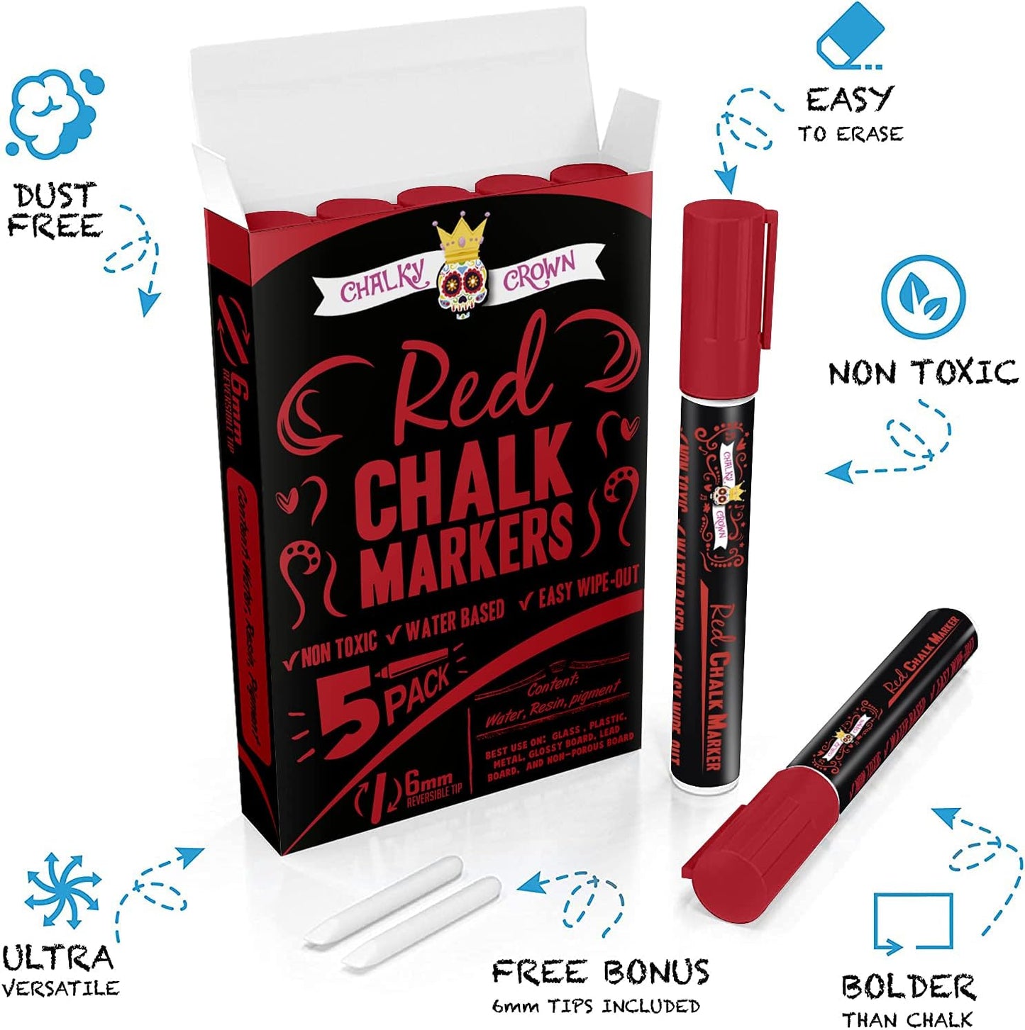 CHALKY CROWN Liquid Chalk Marker Pen - Dry Erase Marker - Chalk Markers for Chalkboard Signs, Windows, Blackboard, Glass - 6mm Reversible Tip (Red, 5 Pack)