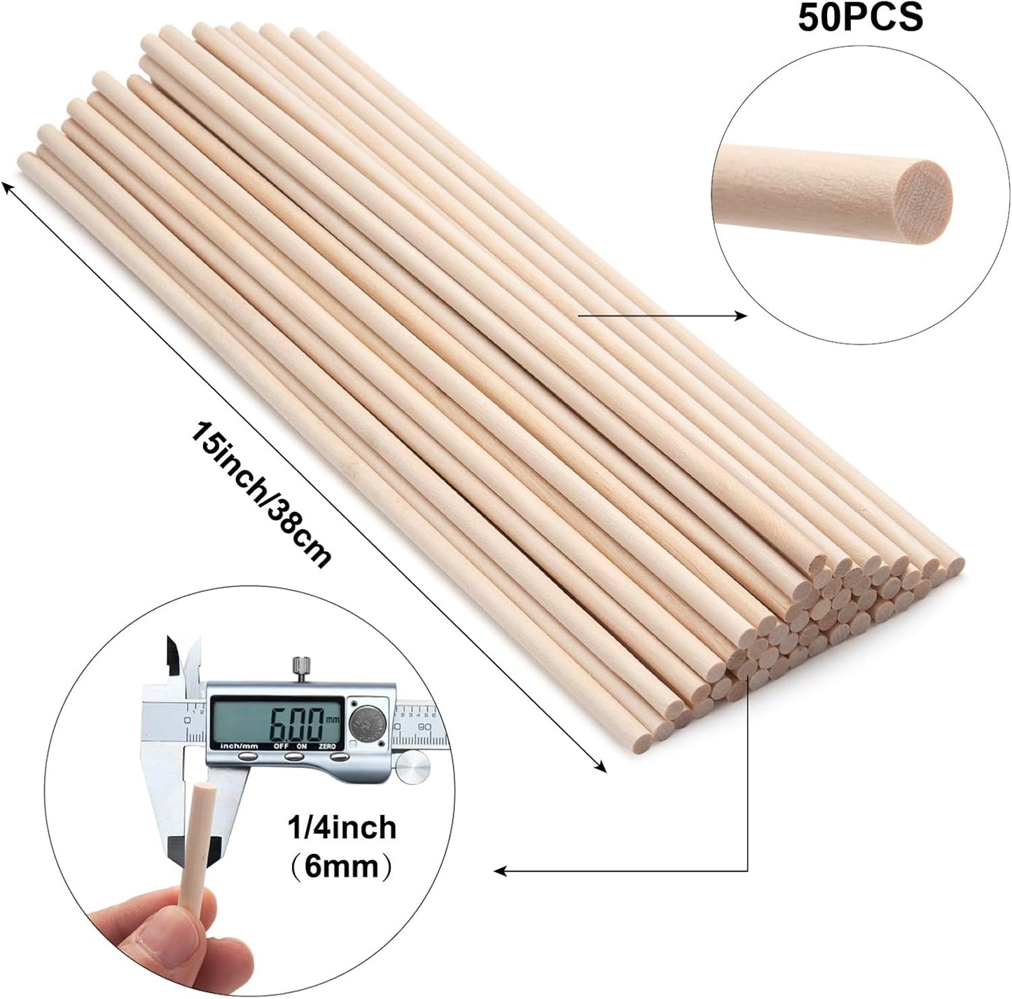 Wood Dowel Rods Wooden Dowels for Crafts, 50 PCS 1/4 x 15 Wooden Sticks for Crafts, Round Macrame Dowels, Unfinished Small Wood Sticks for Crafting, Lollipops, Tiered Cake, Photo Booth Props