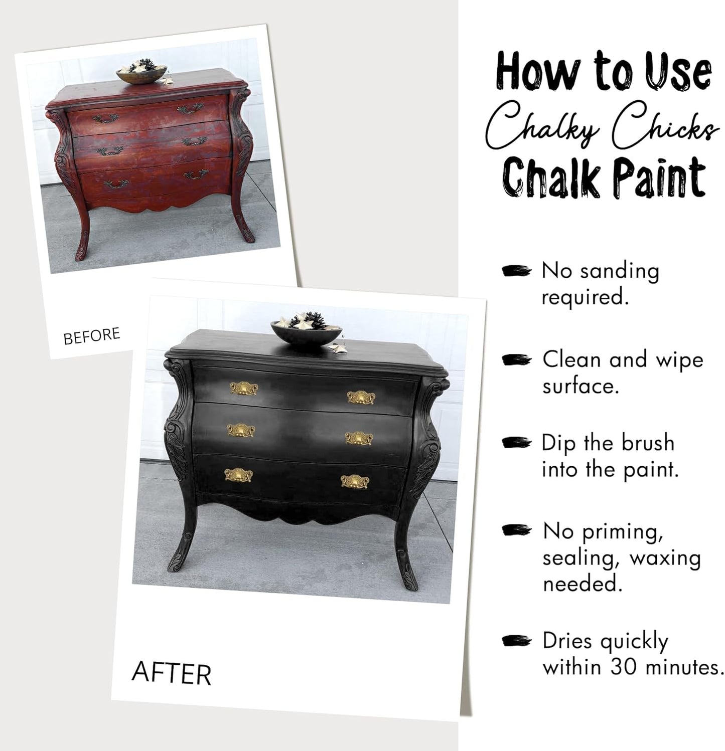 Chalky Chicks All-in-One Chalk Paint for Furniture or Cabinet - 32 Fl Oz - Matte Finish Starless Night Black for Metal, Wood Furniture Paint - No Sanding All-in-One for Home Decor & Crafts, USA Made