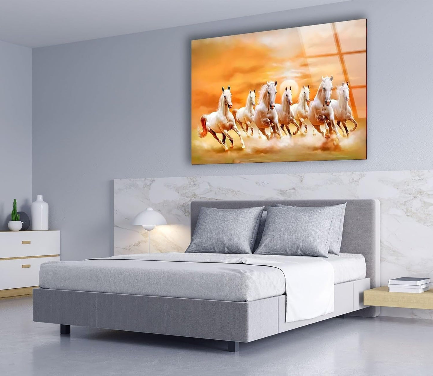 My Photostation.com 35.5Wx30H'' White Horses Running on Sunset Glass Wall ArtTempered Glass Printing Wall Decor Large Wall Art Wall Hangings