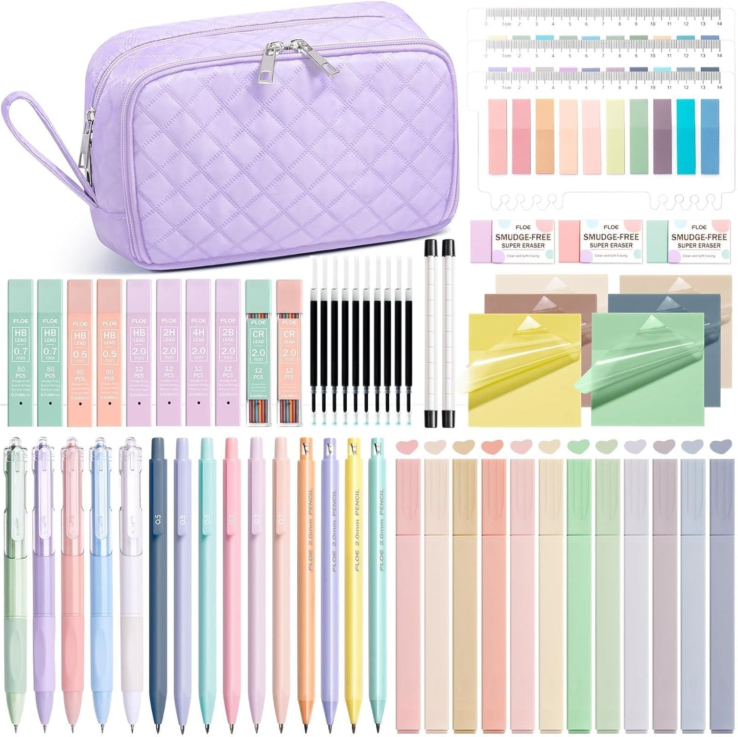 62PCS Aesthetic School Supplies with Cute Pencil Case, Pastel Highlighters Black Ink Gel Pens Mechanical Pencils Kit, Back to School Supplies College Essentials Preppy Stationary Set for Student Girls