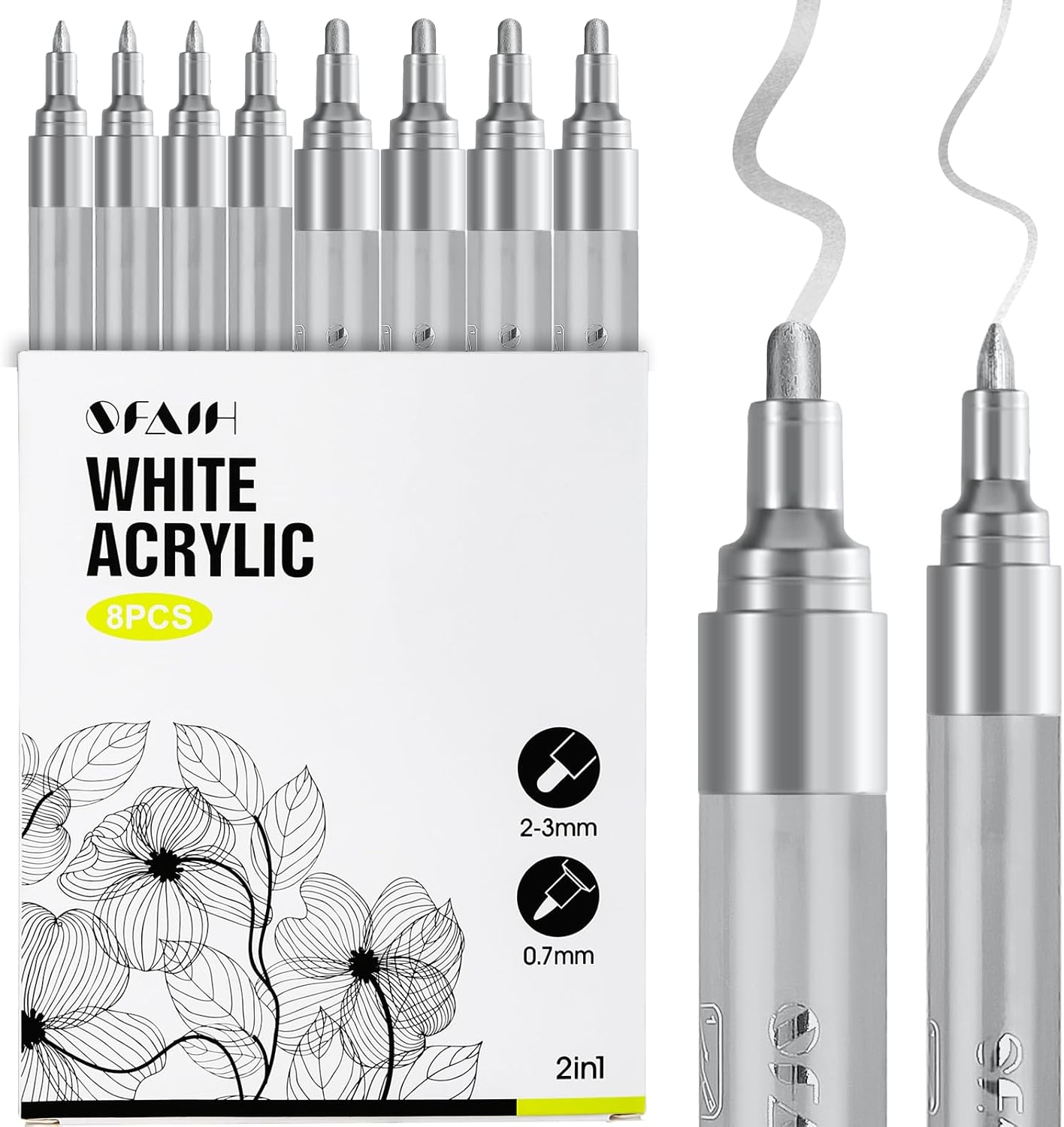 SFAIH Acrylic Silver Paint Pens - 8 Pack 2-3MM Medium Tip & 0.7MM Extra Fine White Paint Marker for Rock Painting, Wood, Metal, Fabric, Canvas, Glass, Ceramic, Diy Crafts