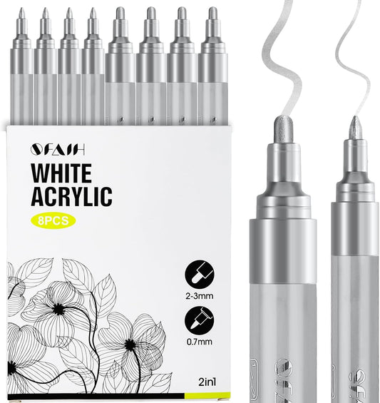 SFAIH Acrylic Silver Paint Pens - 8 Pack 2-3MM Medium Tip & 0.7MM Extra Fine White Paint Marker for Rock Painting, Wood, Metal, Fabric, Canvas, Glass, Ceramic, Diy Crafts