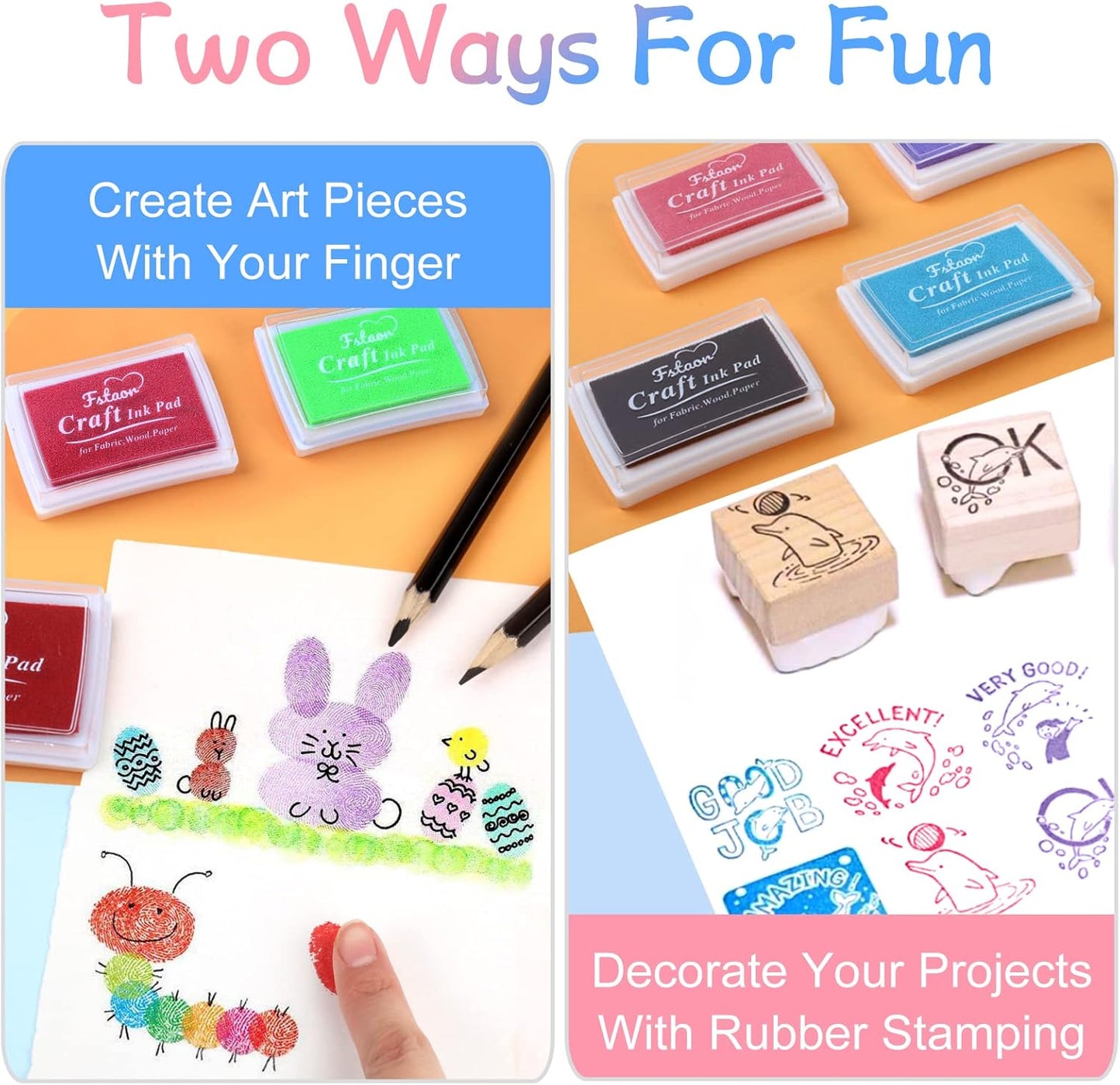 Fstaor 16 Colors Washable Stamp Ink Pads for Kids Crafts, Fingerprint Ink Pads for Stamps on Paper, Fabric, Wood & DIY Art Projects (16 Pack)