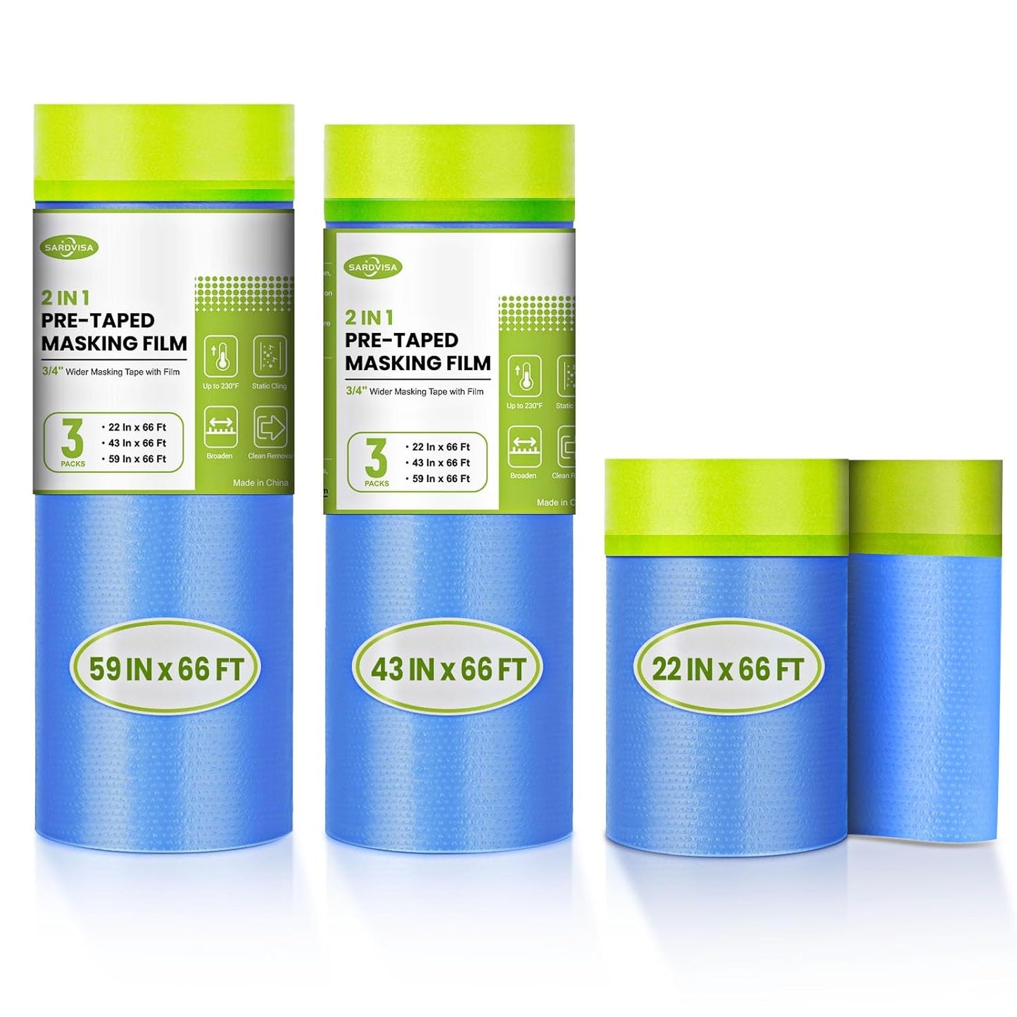 Pre-Taped Masking Film for Painting, 59/43/ 22 in * 66 FT, 3-Rolls Painters Plastic Sheeting with Widened Paint Tape and Drape for Covering Walls, Windows, Cars & Furniture Protection