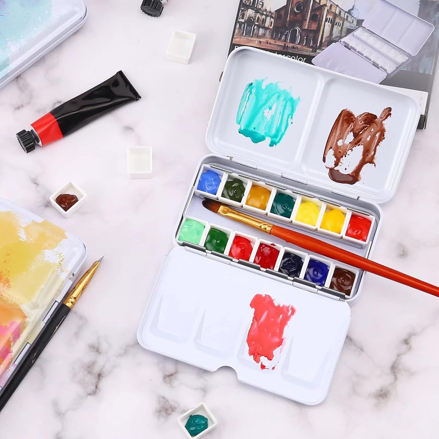 LOONENG Empty Watercolor Palette, Empty Watercolor Tin with Fold Out Palette, Small Colorful Watercolor Tray Palette with 14 Empty Half Pans for Plein Air Painting and Sketching