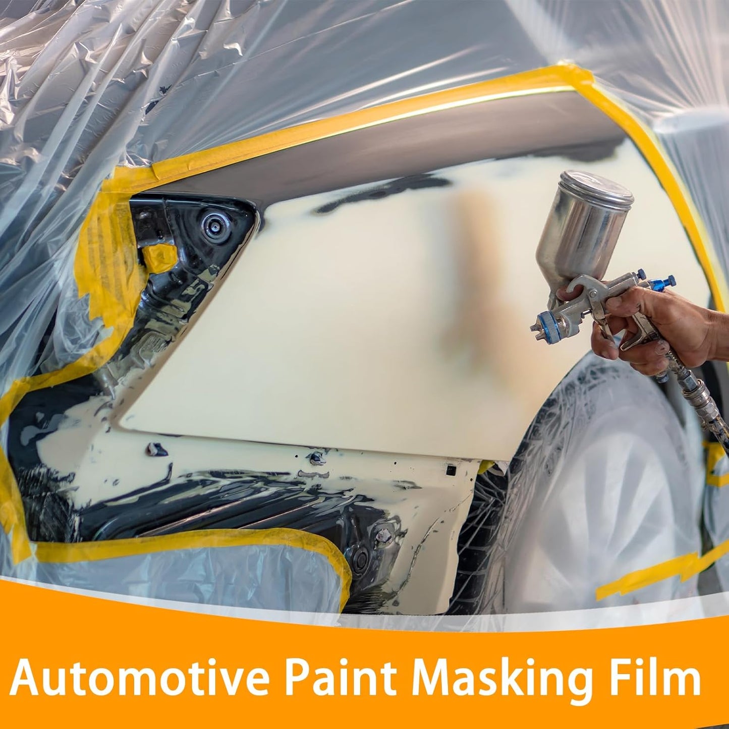 Pre-Taped Masking Film for Painting 59inx65ft Plastic Painters Sheeting Tape and Drape Painters Paper Rolls for Automotive Painting Covering (4 Rolls+2 Tapes)