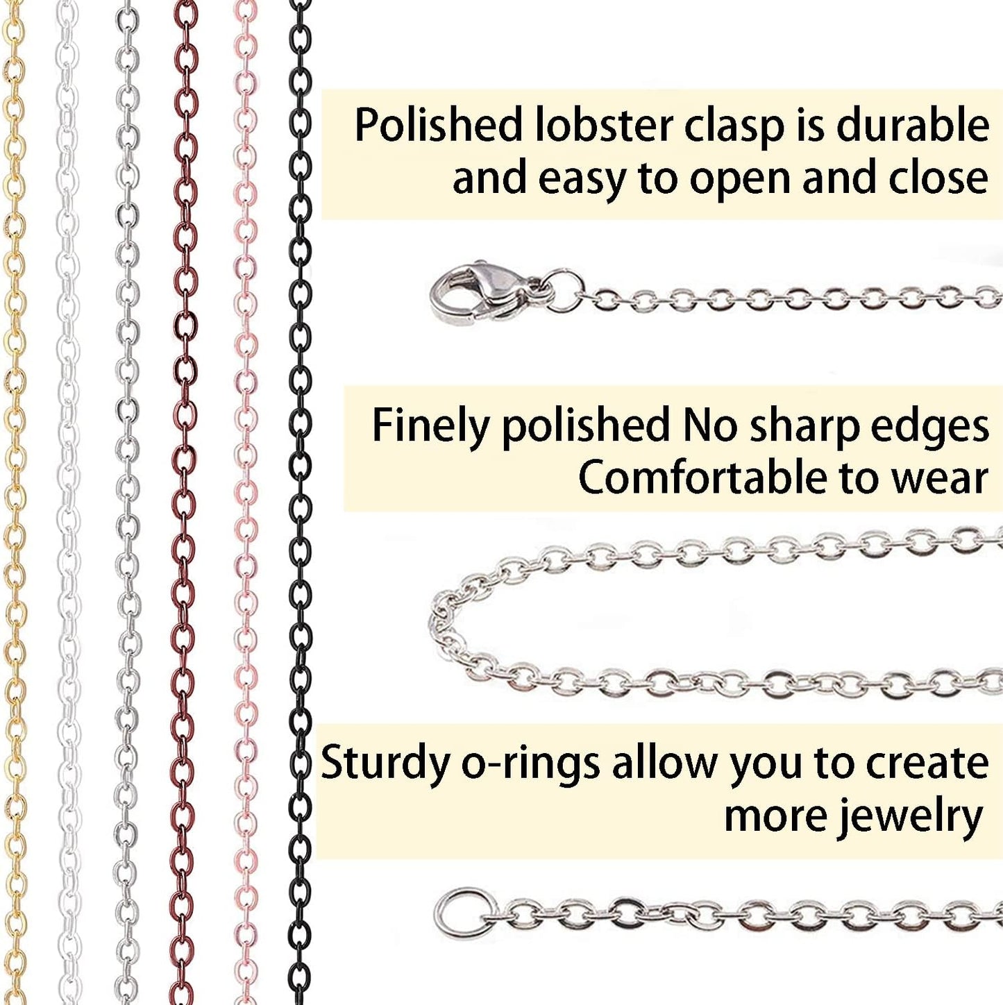 Jishi 60ft Jewelry Necklace Chains 2mm Jewelry Chain Links for Making Bracelets Earrings DIY Craft Supplies Findings, 6-Colors Gold Silver Copper Plated Metal Cable Rolo Link Chain Rolls Bulk