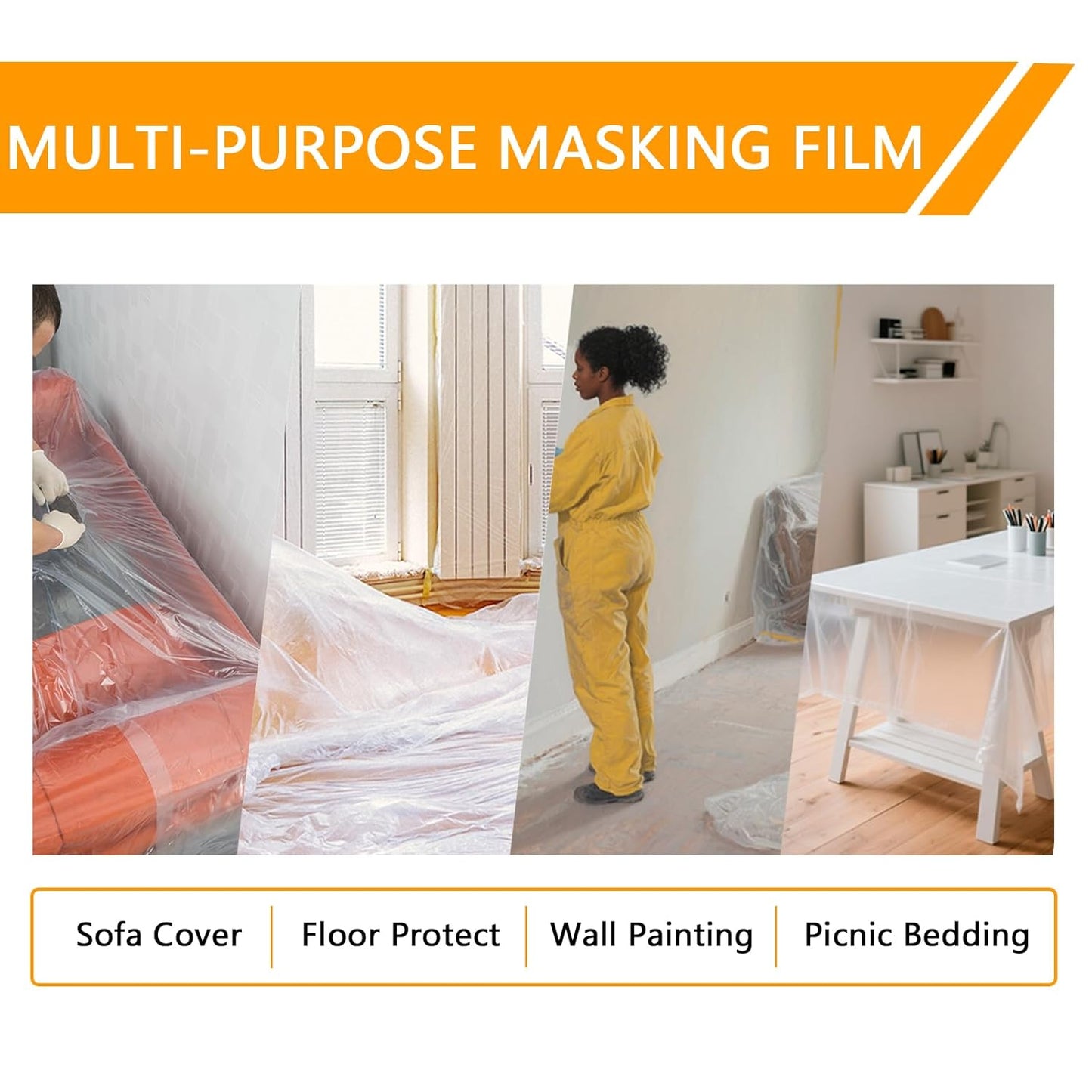 Painters Plastic with Tape 59inx65ft,Pre-Taped Masking Film Automotive Tape and Drape,Tear-Resistant Plastic Painting Film for Car Painting & Home Renovation (4 Rolls)