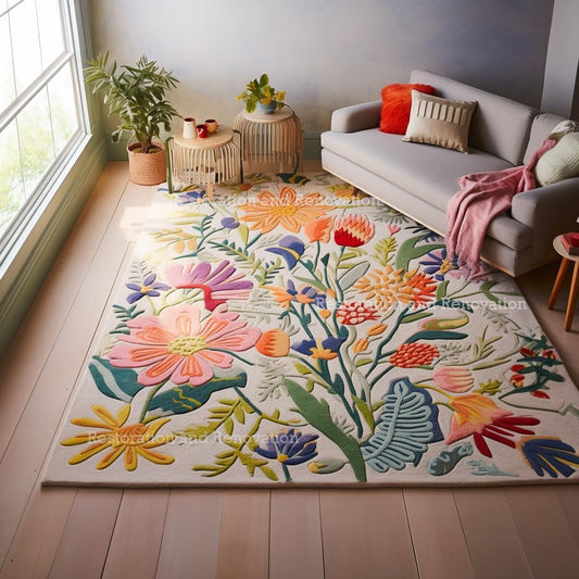 Handmade Wool Floral Area Rug for Living Room | Elegant Flower Garden Design, Soft, Thick and Durable | Bedroom, Dining Room & Home Decor Carpet (7' Round, Floral B)