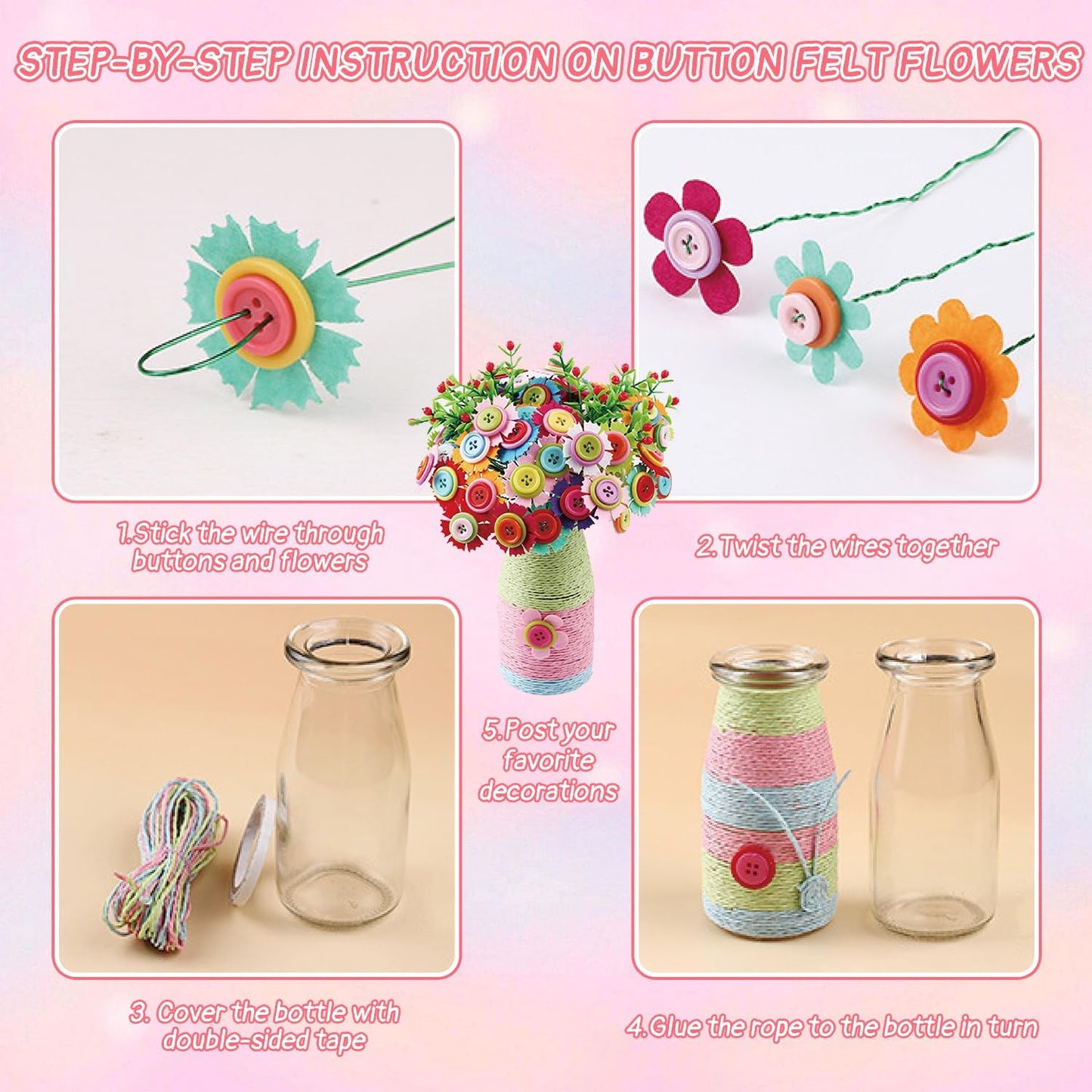 Mostop Crafts for Kids Ages 6-10, DIY Flower Bouquet Craft Kit with Buttons,Felt Flowers and 2 Vase, Poke in Arts and Crafts Birthday Gift Present for 6 7 8 9 10 Year Old Girls Flower Making Kit