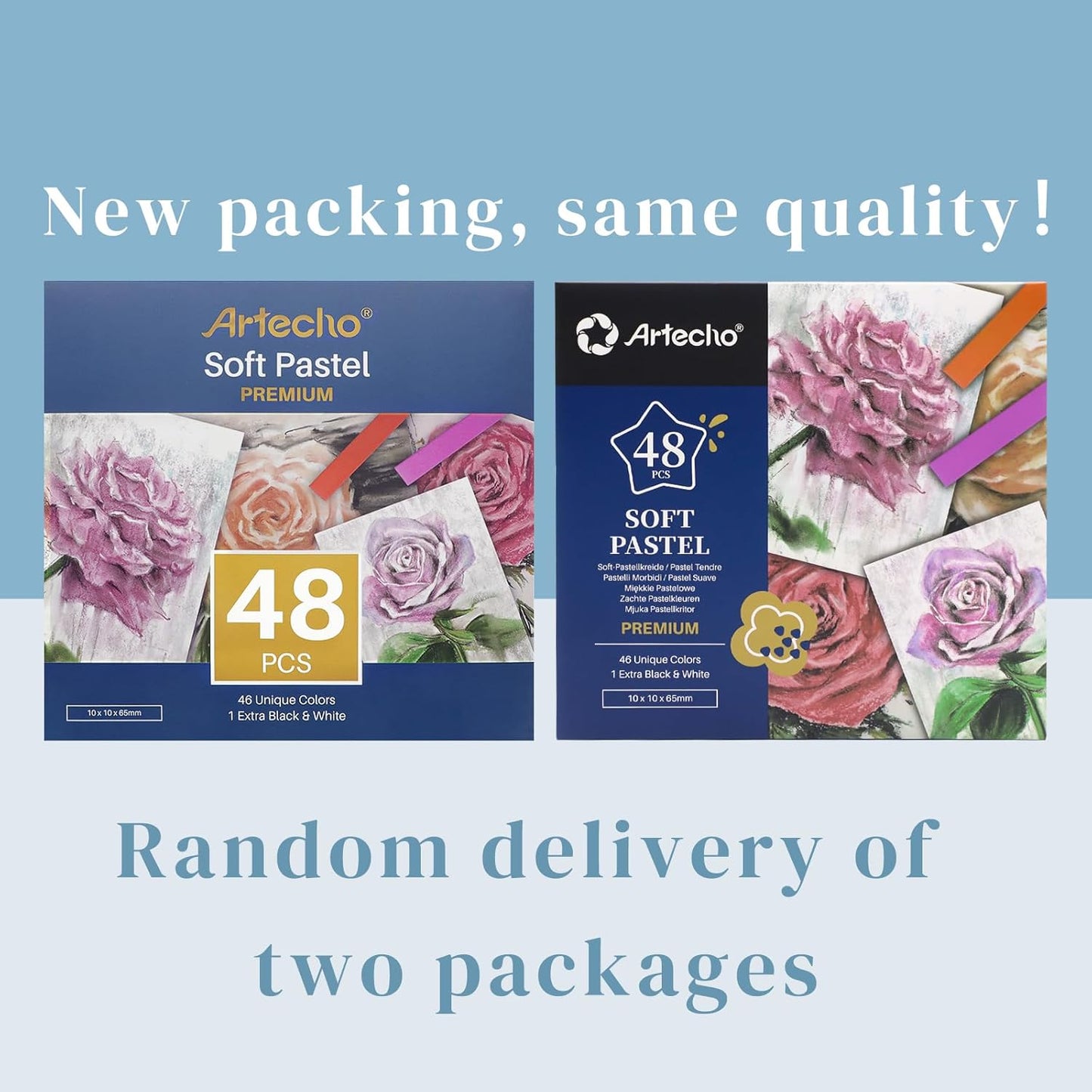 Artecho 48pcs Soft Pastels, 46 Colors Including 4 Fluorescent Colors, Extra Free Black & White, Square Chalk for Drawing, Blending, Layering, Shading, Pastels Art Supplies