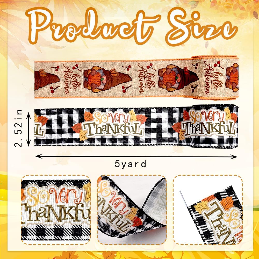 Threetols 2 Rolls 10 Yards Fall Wired Edge Ribbons, 2.5inch Black White Plaid Burlap Ribbon, Autumn Leaves Gnomes Pumpkin Ribbon for Thanksgiving Party DIY Craft Fall Wreath Bow Decor