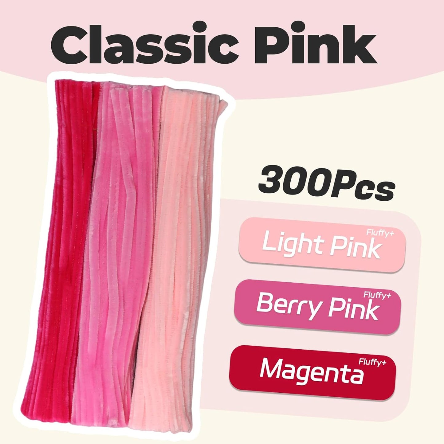 300pcs Pink Pipe Cleaners Bulk - Fluffy Craft Pipe Cleaners for Arts & Crafts, Ideal for Making Flowers, Animals & Decorations (12 x 0.24 inches)