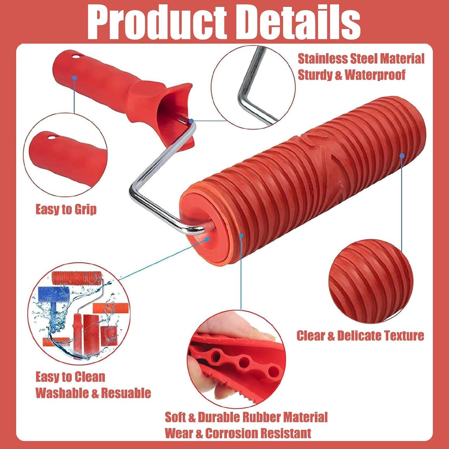 Wood Grain Tool, 6pcs 7" Fake Wood Grain Roller Painting Tool with Handle DIY Rubber Wood Grain Painting Tool Look Like Wood for Wall Room Art Paint Decoration