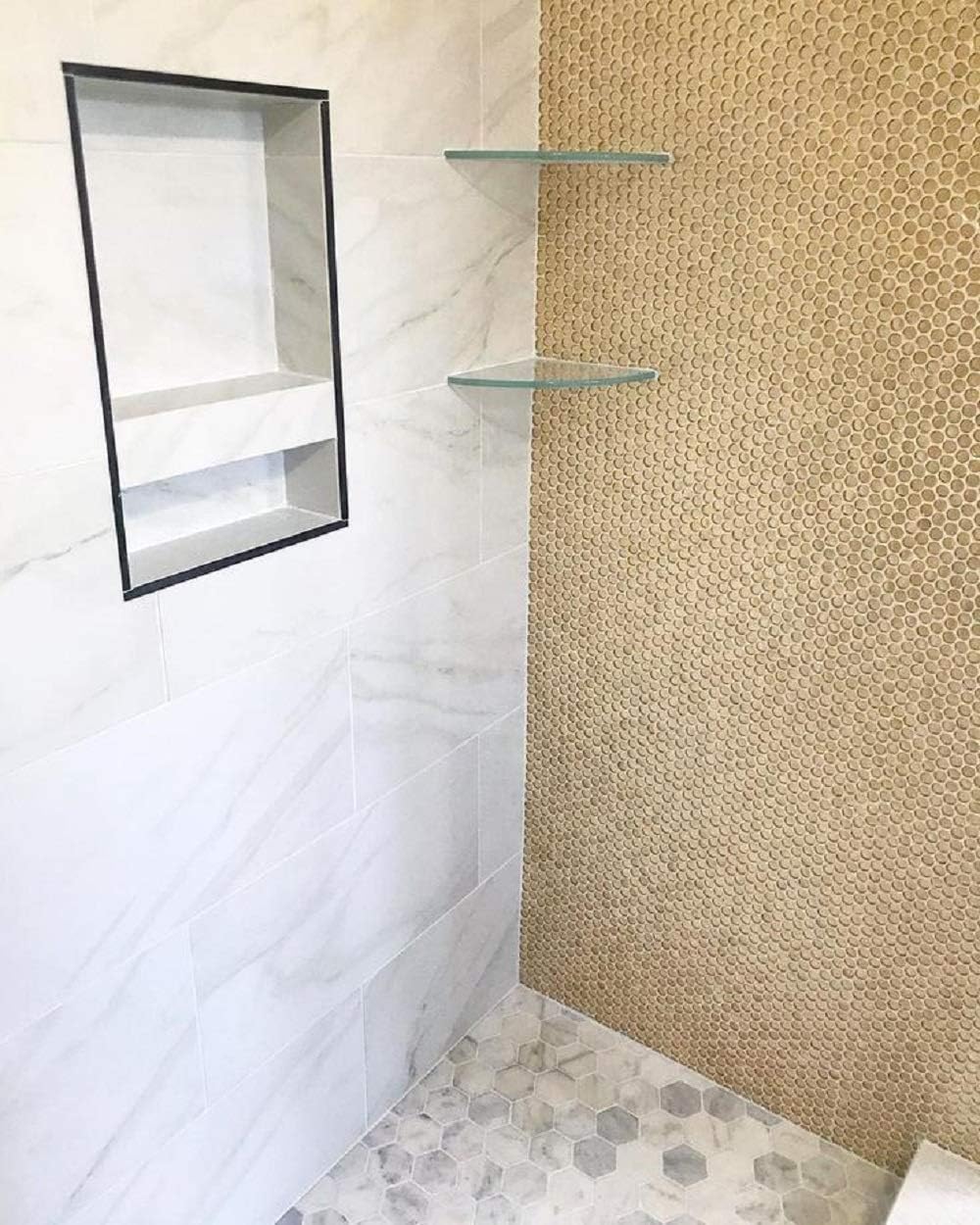 1.03 sq ft/Piece Pack of 1,Glossy Gold Glass Penny Round Mosaic Tiles – 12.2" x 12.2" Mesh-Mounted Sheets, Not Peel & Stick - Kitchen Backsplash, Shower Wall, Bathroom, Fireplace, Interior Decor