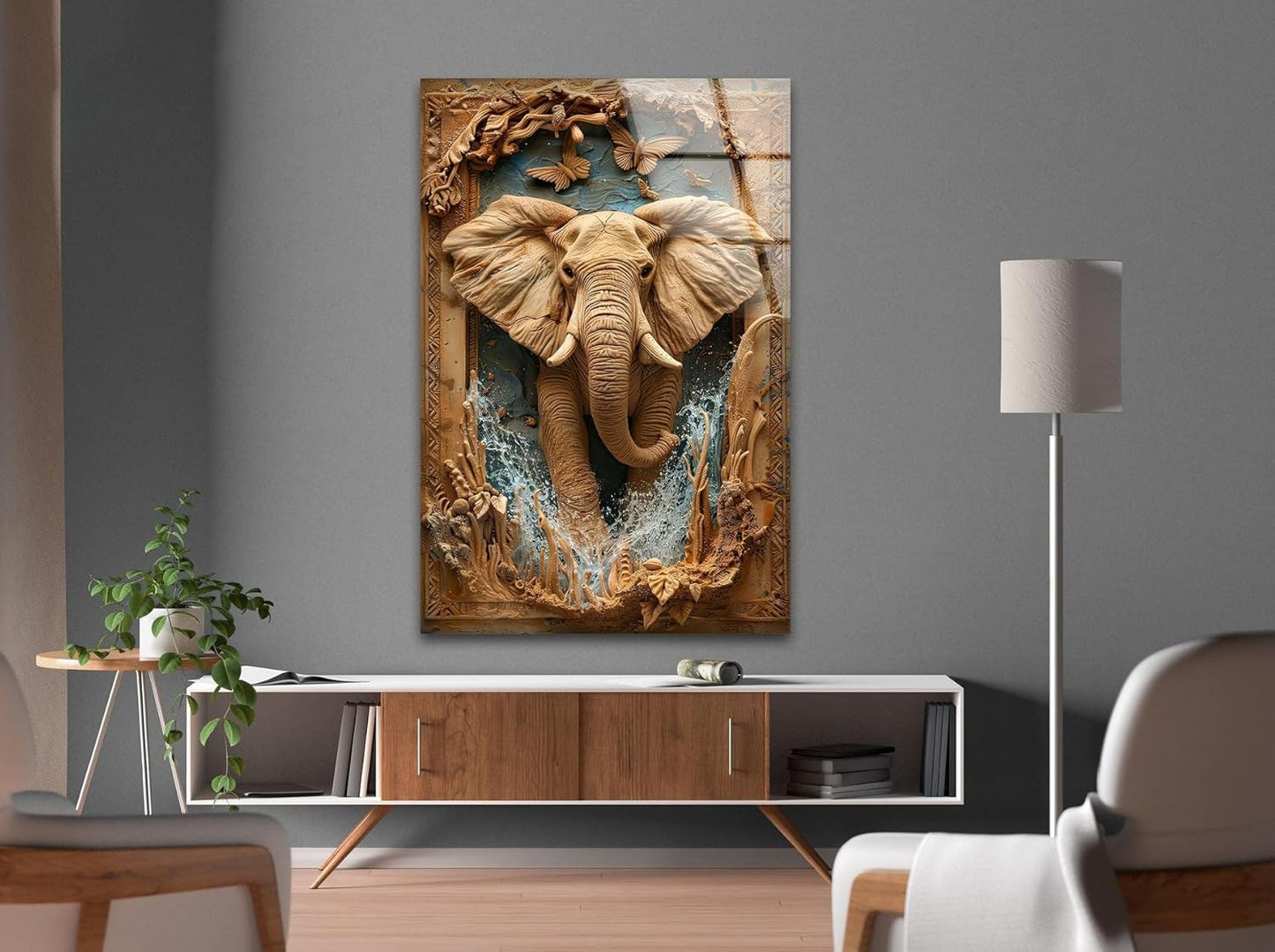 My Photostation.com 30Wx35.5H'' Elephant Carving Glass Wall Art Tempered Glass Printing Wall Decor Large Wall Art Wall Hangings