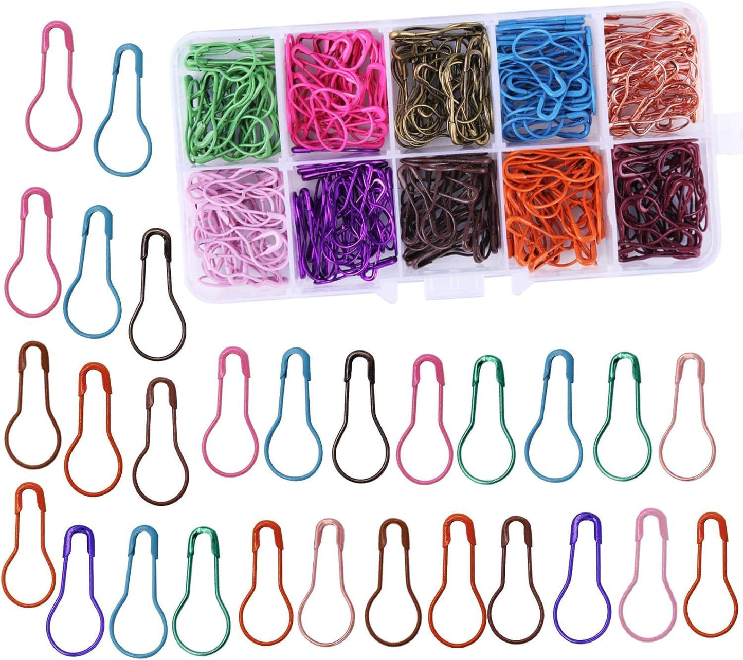 Mayboos 300 Pieces Safety Bulb Pins,10 Colors Calabash Crochet Stitch Markers, Metal Safety Pins for Knitting and DIY Project with Storage Box