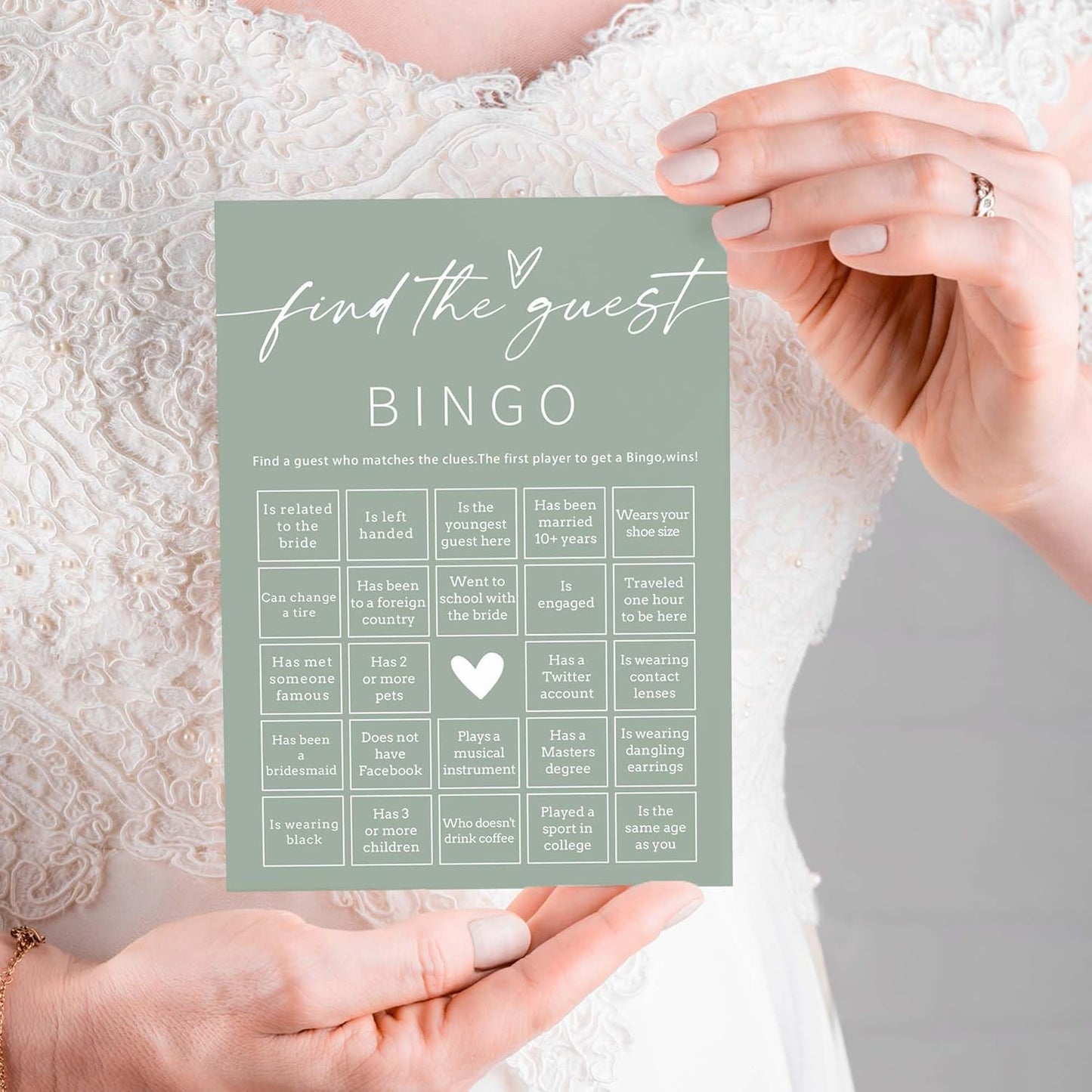 Bridal Shower Games Cards, 25Pcs Prefilled Find The Guest Bingo Game Cards, Engagement Party Games for Guests, Minimalist Green Wedding Party Supplies - C19