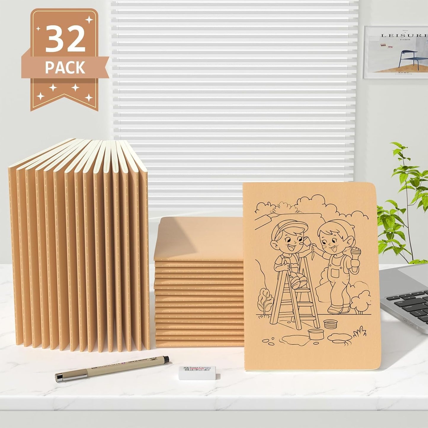 Oucaru Journaling Notebooks A5 Notebook college Blank Sketch Book 32 Pack Small Kraft Notebooks Bulk 8.3x5.5 Inches, Brown Drawing Notebook Soft Cover Steno Pads School Supplies