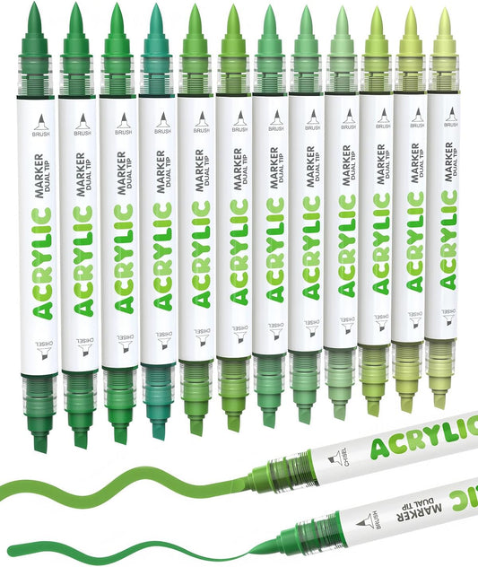 Guangna 12 Green Dual Tip Acrylic Paint Markers, Brush Tip & Chisel Tip Acrylic Paint Pens for Rock, Wood, Glass, Paper, Coloring Book, Ceramic, Canvas, Water-Based Ink