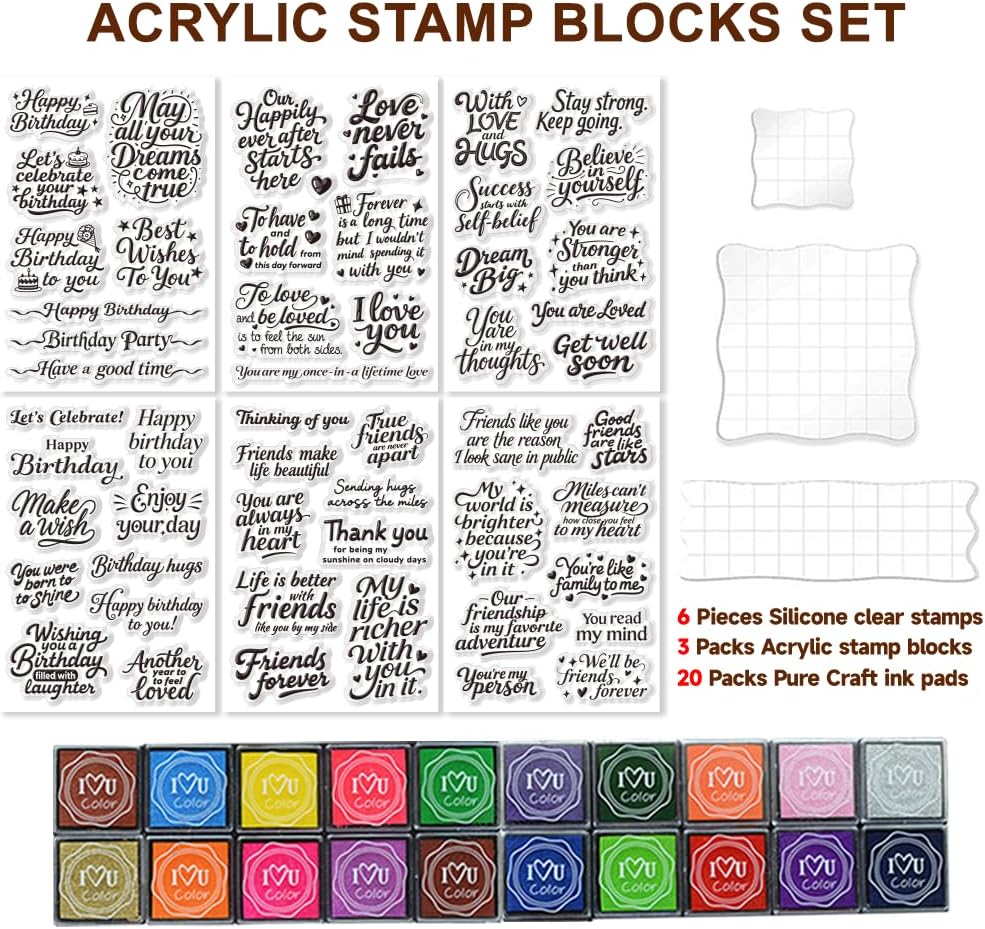 6 Pcs Greeting Words Clear Stamps for Card Making Supplies 20 Ink Pad 3 Acrylic Stamp Block Silicone Stamp with Holiday Bless Happy Birthday Stamps for Crafting DIY Scrapbooking Journal