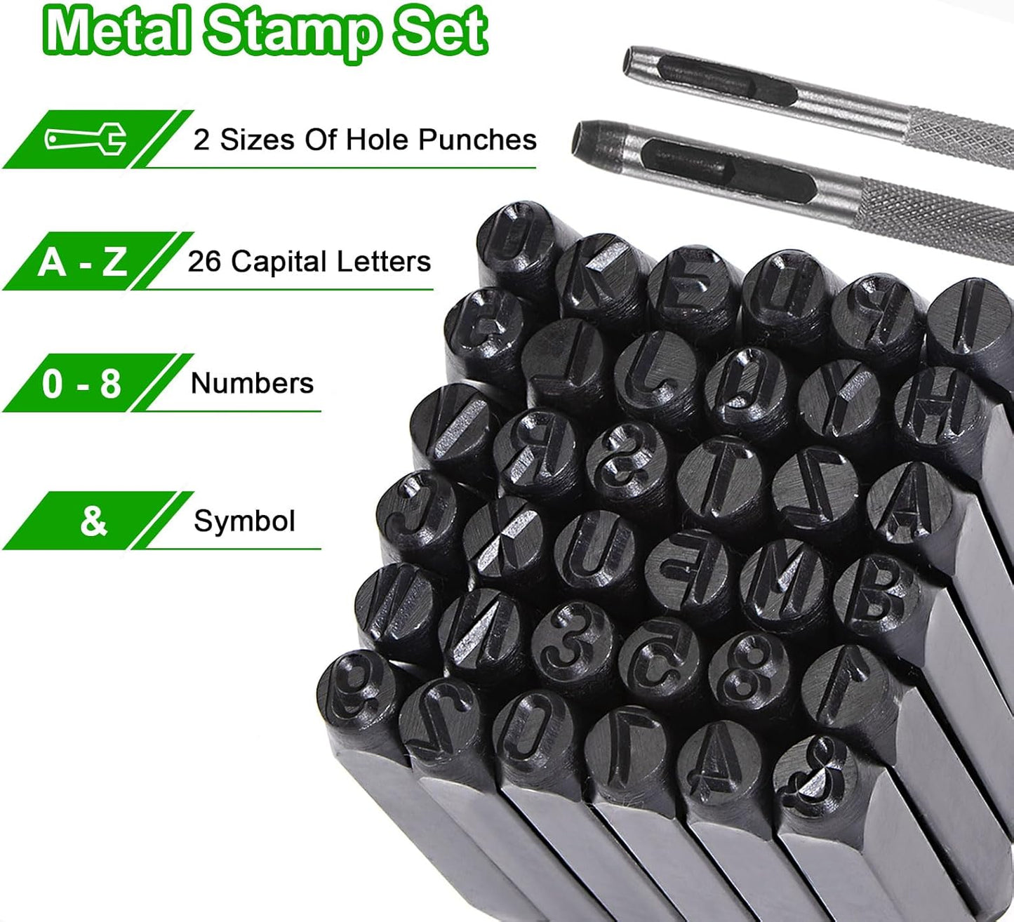 HARFINGTON 36pcs Metal Stamping Kit 5/32" (4mm) (A-Z, 0-8, "&" Symbol) Steel Letter Punch Press Tool with Hole Punch to Stamp on Metal, Plastic, Wood, Leather, Black