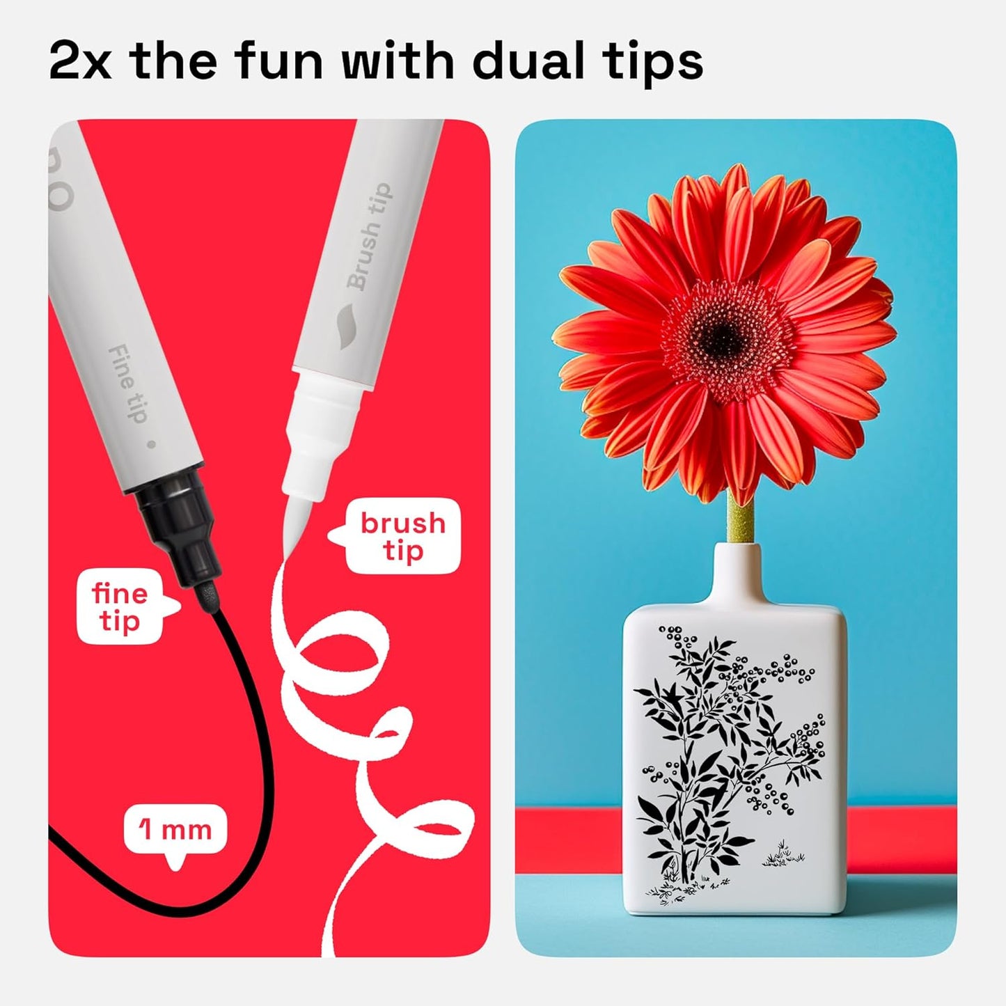 ARTISTRO 2 White Dual-Tip Acrylic Paint Pens - Multisurface Markers for Fabric, Plastic, & More, 5mm Dot + 1mm Fine Tips (Dual Tip Brush + Fine, Black&White)