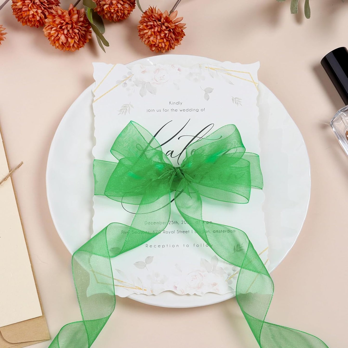 Ribbon for Gift Wrapping 3/4 inch Green Sheer Organza Ribbon for Flower Bouquet Tulle Thin Chiffon Ribbons for Wedding Invitations Christmas Halloween Presents Decorations Crafts 50 Yards