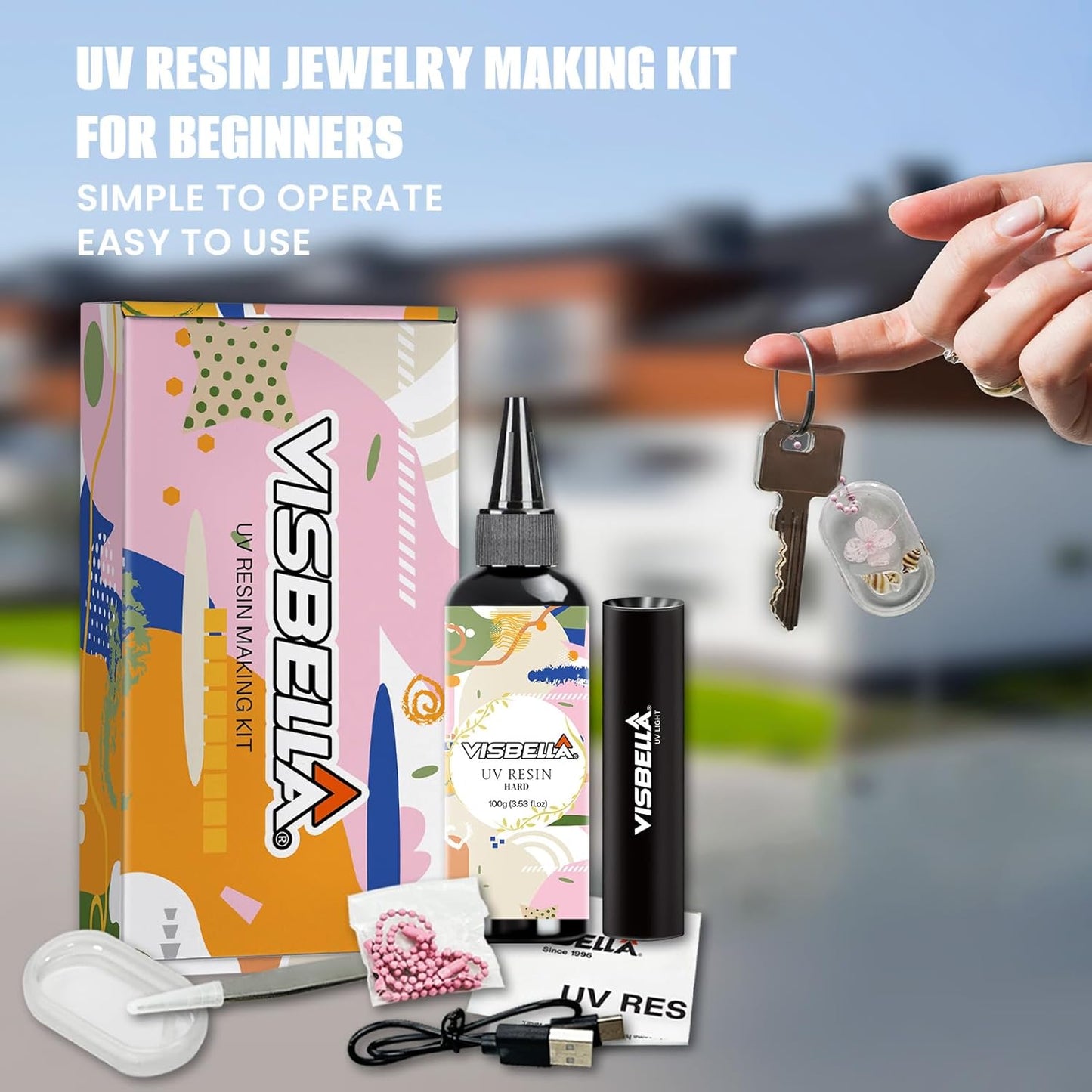 Visbella UV Resin Making Kit, Fast Curing Hard Type Clear Resin with UV Light Lamp, Molds for Necklace, Keychains, Craft Jewelry