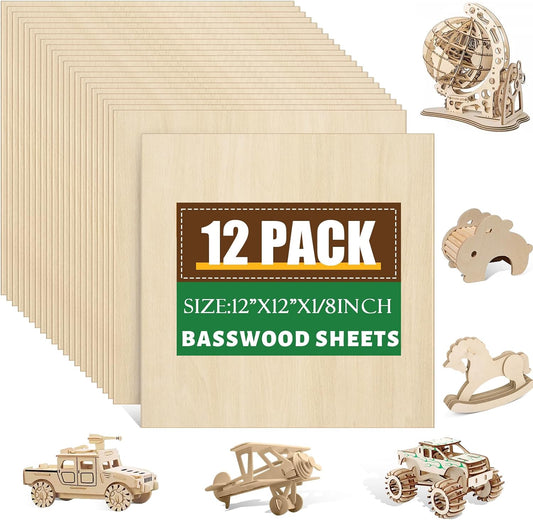 12 Pack Basswood Sheets 1/8x12x12 Inch for Crafts,Unfinished Wood for Laser Cutting & Engraving,Wood Burining,Plywood for Architectural Models.