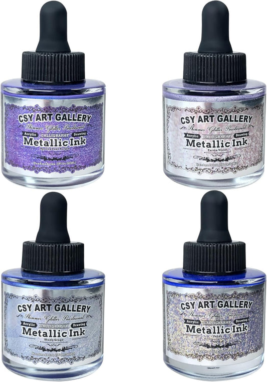 CSY art gallery Pearlescent Liquid Acrylic Ink Set Bottle -Shimmering Purple Permanent Calligraphy Inks-High Gloss,Metallic Paint for Crafts, Resin Art, DIY, Furniture, Wood (Lavender Manor Set)