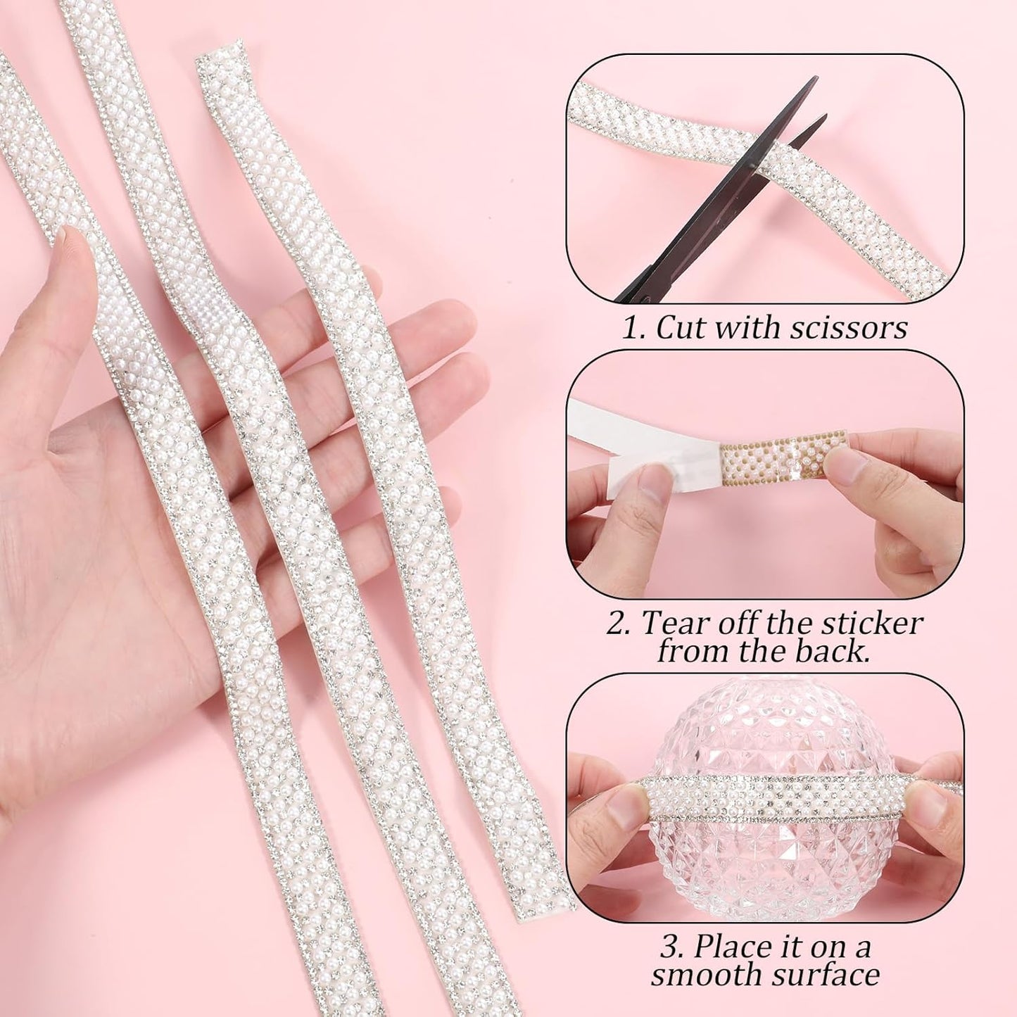 3 Rolls Pearl Rhinestone Ribbon Self Adhesive Pearl Crystal Strips Sticker Bling Pearls Strips Trims Diamond Pearls Tape for DIY Phone Clothing Crafts (3 Yard x 0.59 Inch)
