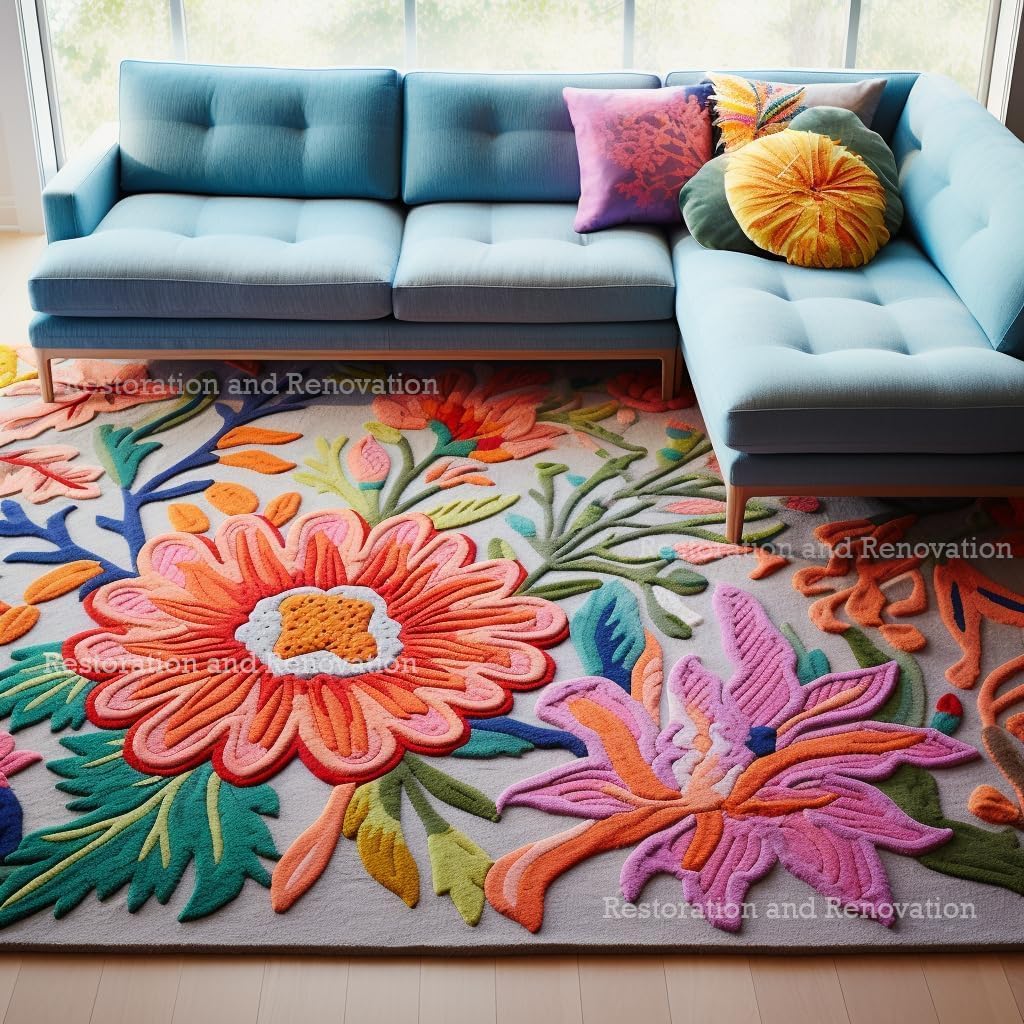 Handmade Wool Floral Area Rug for Living Room | Elegant Flower Garden Design, Soft, Thick and Durable | Bedroom, Dining Room & Home Decor Carpet (5' x 7', Floral I)