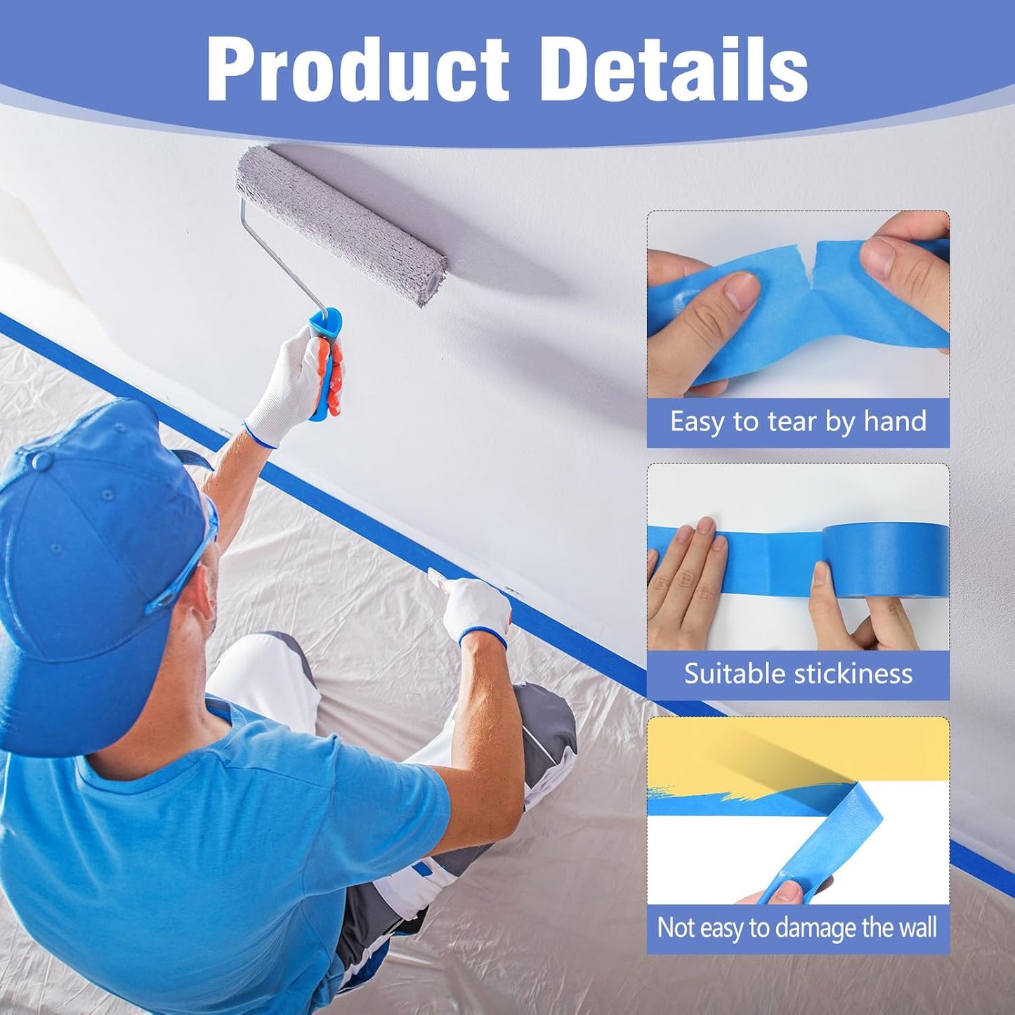 Blue Painters Tape 1.89In x 55Yd Painters Tape 3 Rolls Painters Blue Tape for Wall Masking Edge Treatment Packing DIY Crafts, Home Use