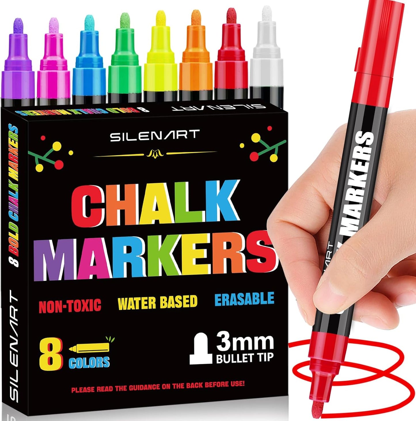 SILENART Liquid Chalk Markers - 8 Vibrant Colors - Chalkboard Markers for Blackboard Glass Window Car Dry Erase Board Acrylic Calendar Board Whiteboard- Wet Erase